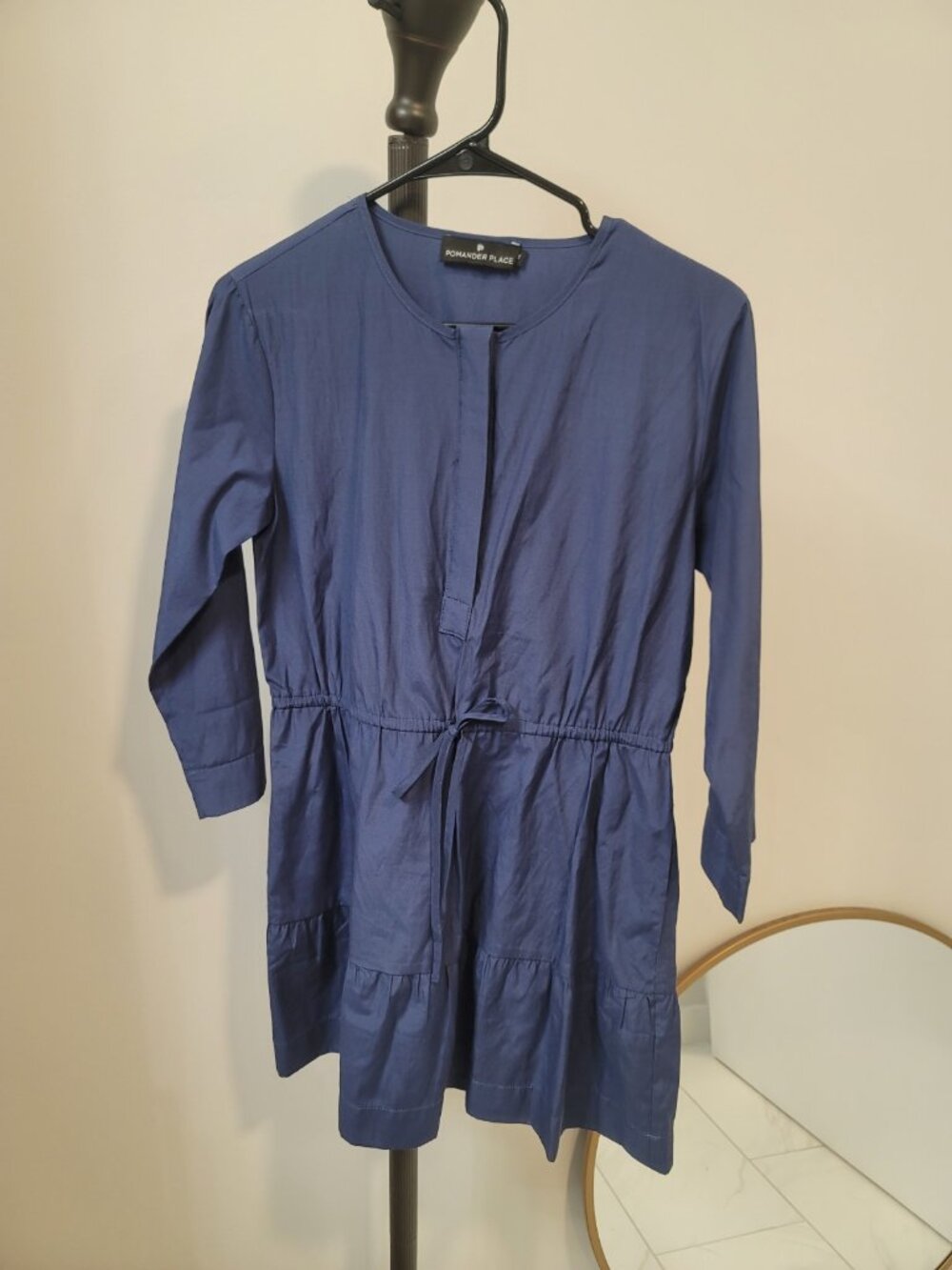 Pomander Place Tuckernuck Lucy Mini Dress Navy Blue Tie Waist Tiered Size S
